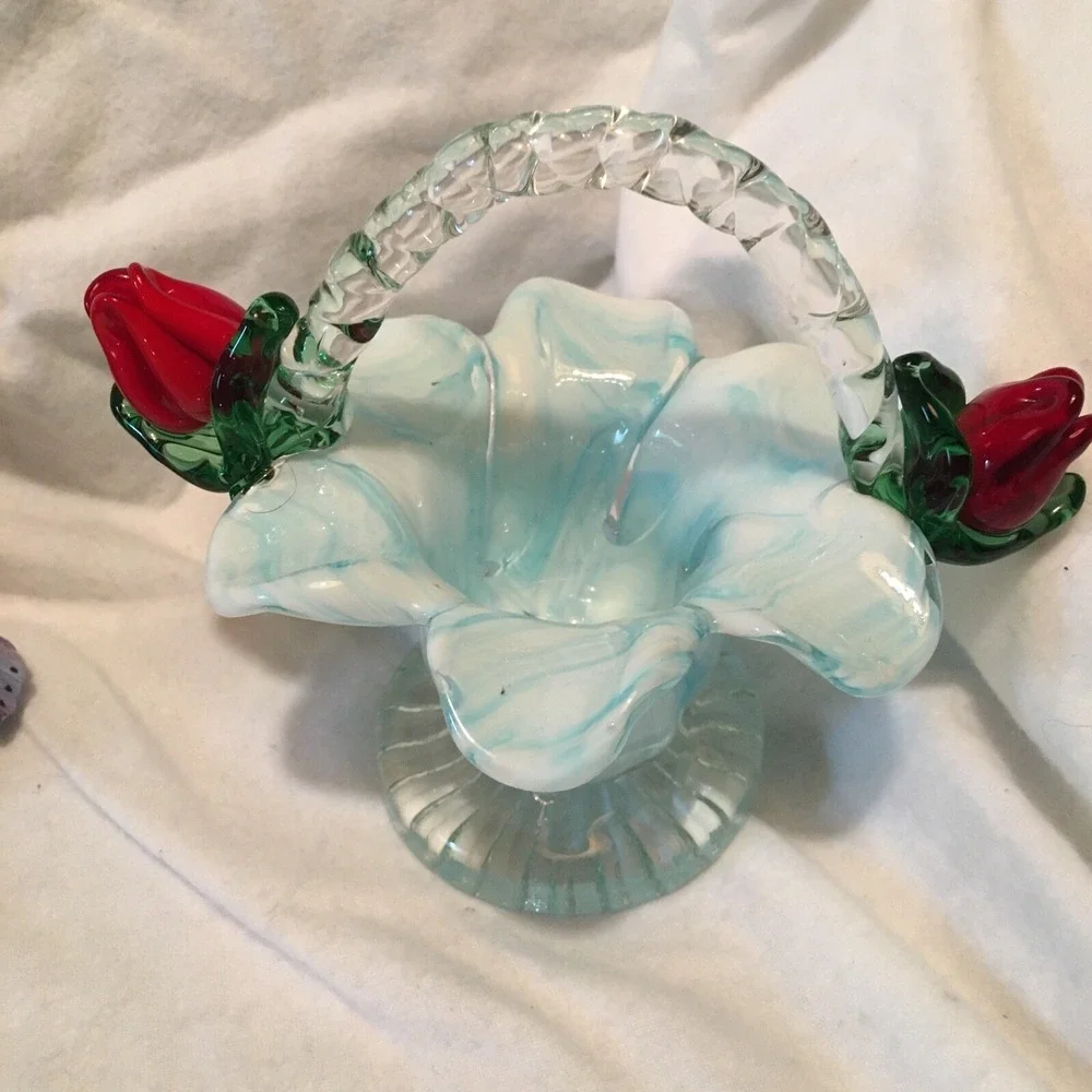 Swirl Blue Red Roses Blown Glass Flower Basket Vtg